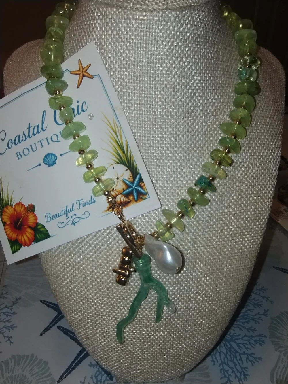 Green Bead Necklace with Pearl & Gold Charm And Coral Branch